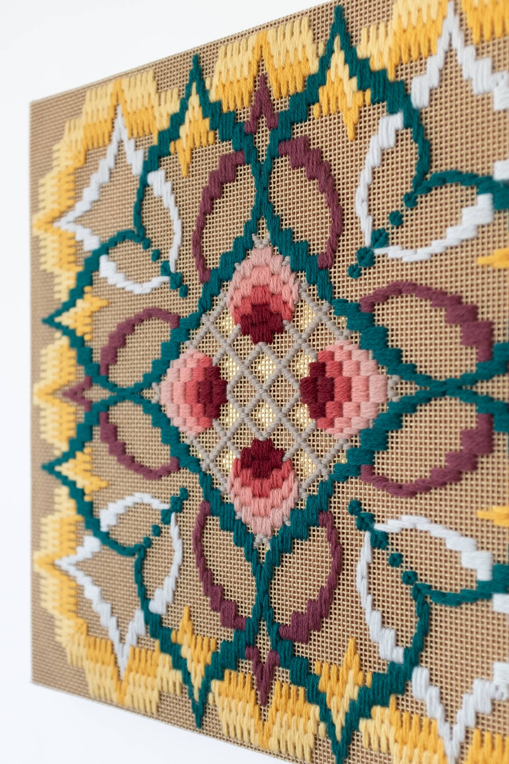 The flower of what's true [red], Hand-embroidered wool yarn on cotton canvas over cedar panel, 24-carat gold leaf, 2024