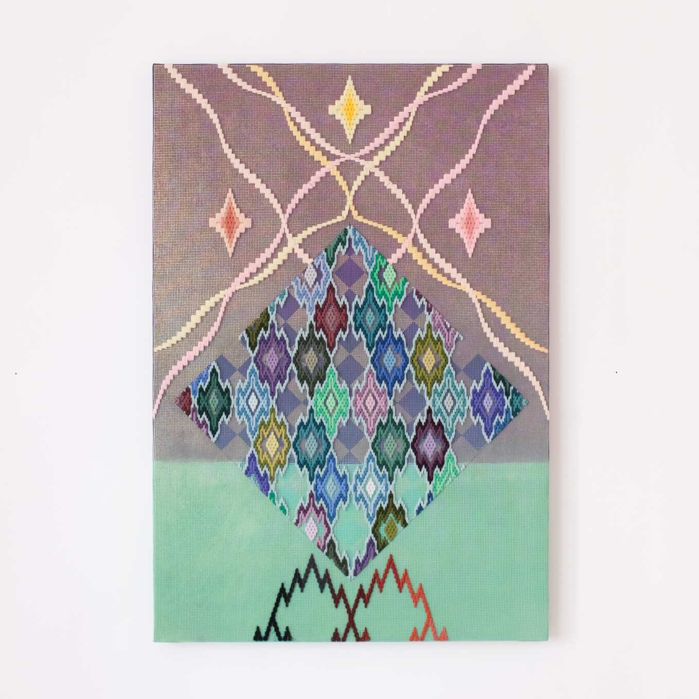 The Heirophant (Mystical Sister), Hand-embroidered wool yarn and acrylic paint on canvas over gilded panel, 2021