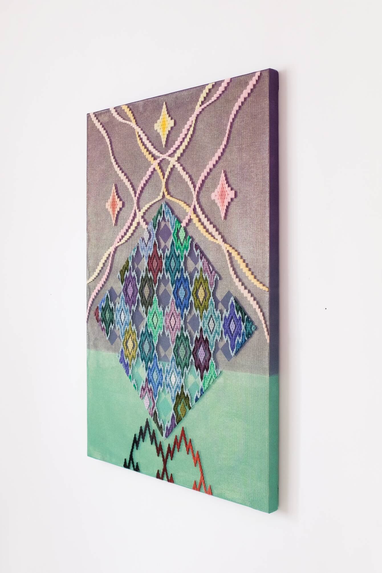 The Heirophant (Mystical Sister), Hand-embroidered wool yarn and acrylic paint on canvas over gilded panel, 2021