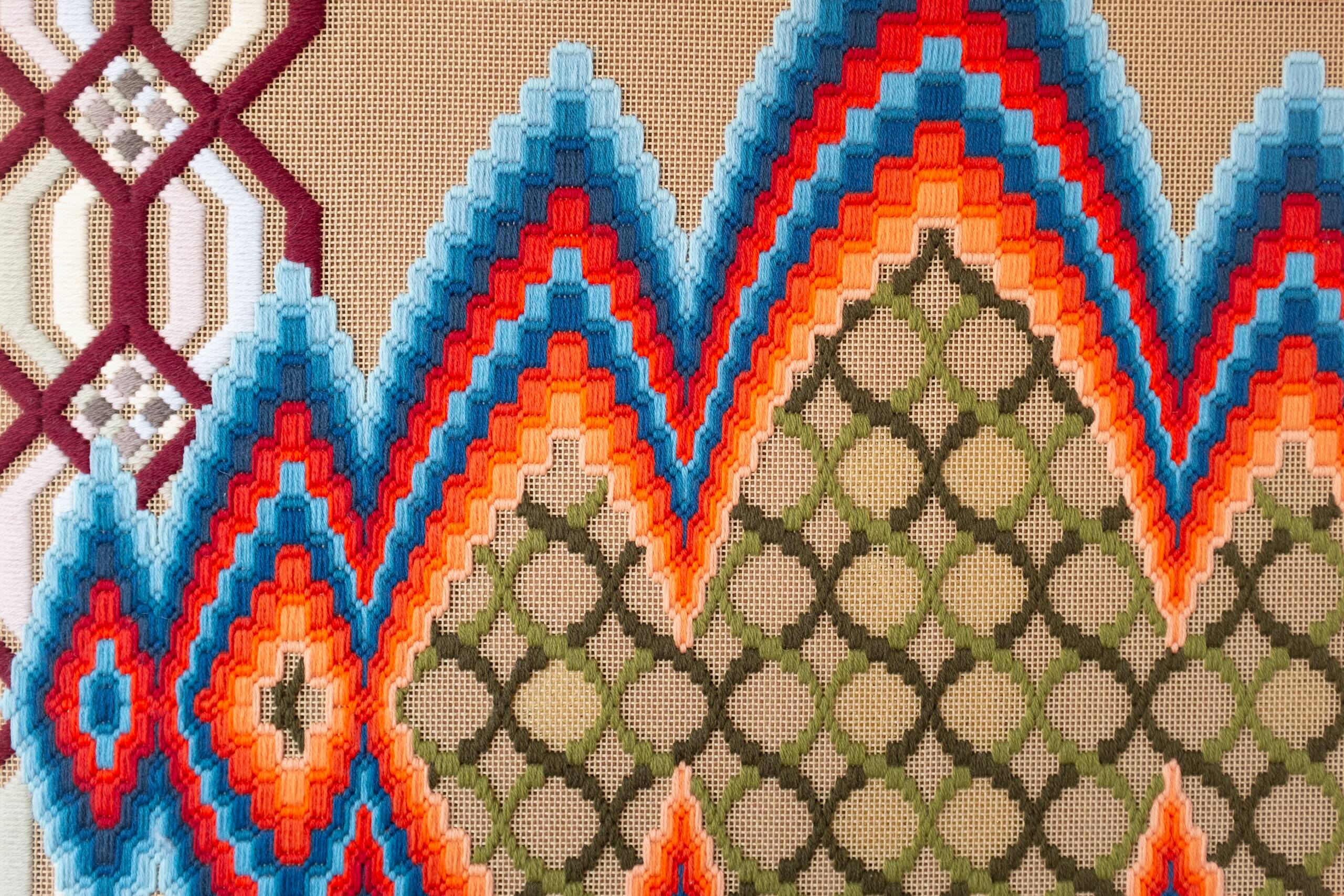 the two eternal poles of the world meet, multiply and converse [blue-red psychic portal], Hand-embroidered wool yarn on cotton canvas over cedar panel, 24-carat gold leaf, 2024