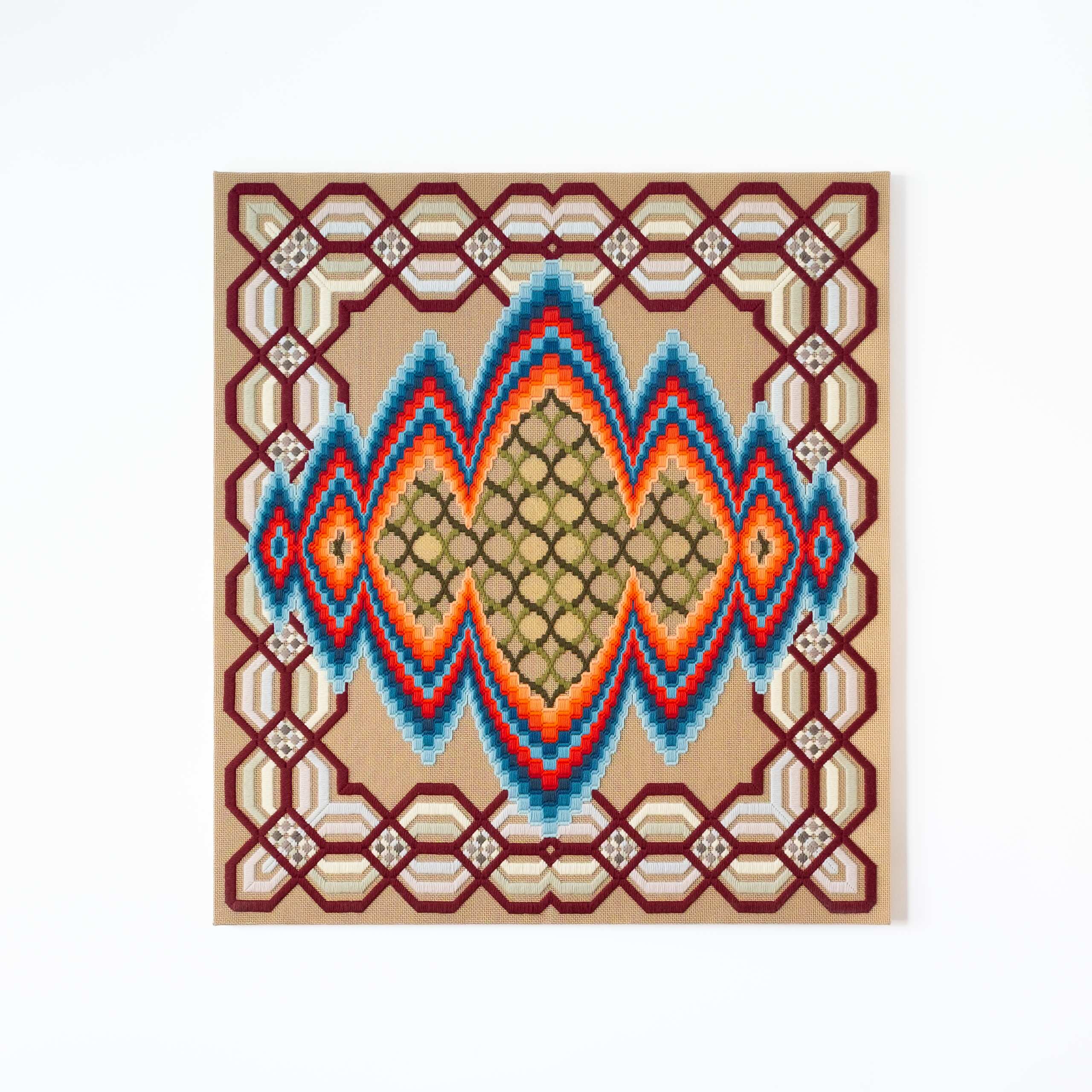 the two eternal poles of the world meet, multiply and converse [blue-red psychic portal], Hand-embroidered wool yarn on cotton canvas over cedar panel, 24-carat gold leaf, 2024