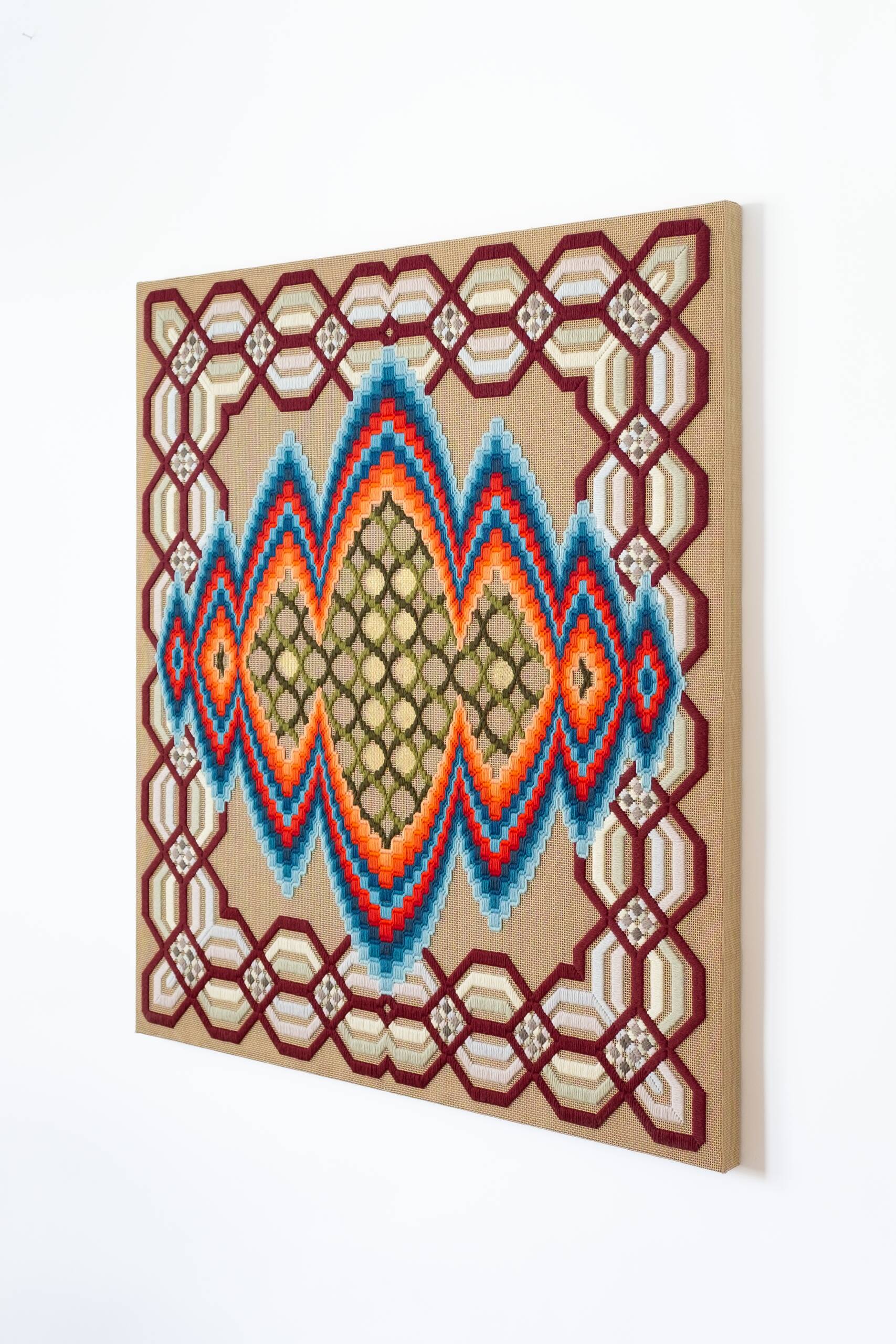 the two eternal poles of the world meet, multiply and converse [blue-red psychic portal], Hand-embroidered wool yarn on cotton canvas over cedar panel, 24-carat gold leaf, 2024