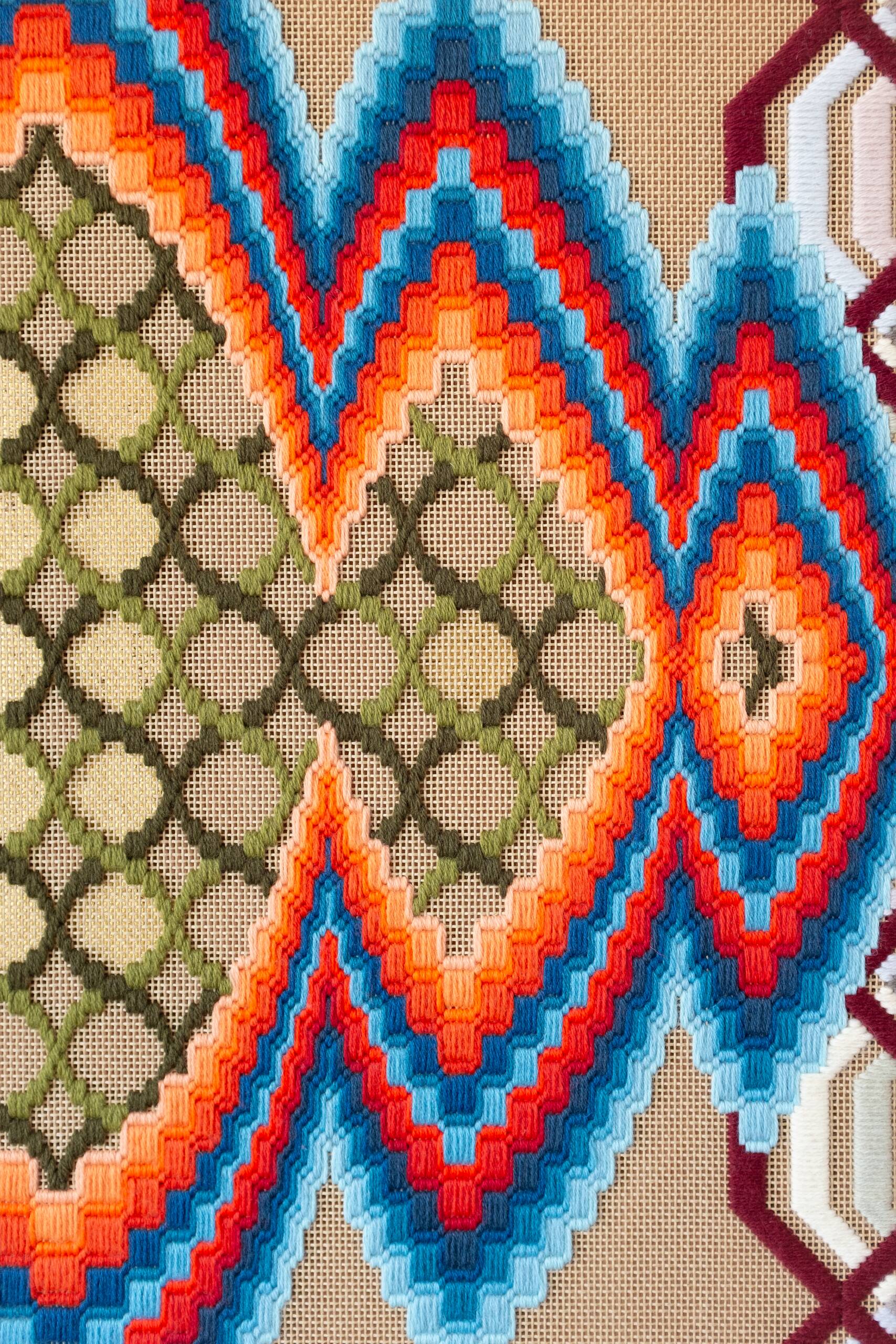 the two eternal poles of the world meet, multiply and converse [blue-red psychic portal], Hand-embroidered wool yarn on cotton canvas over cedar panel, 24-carat gold leaf, 2024