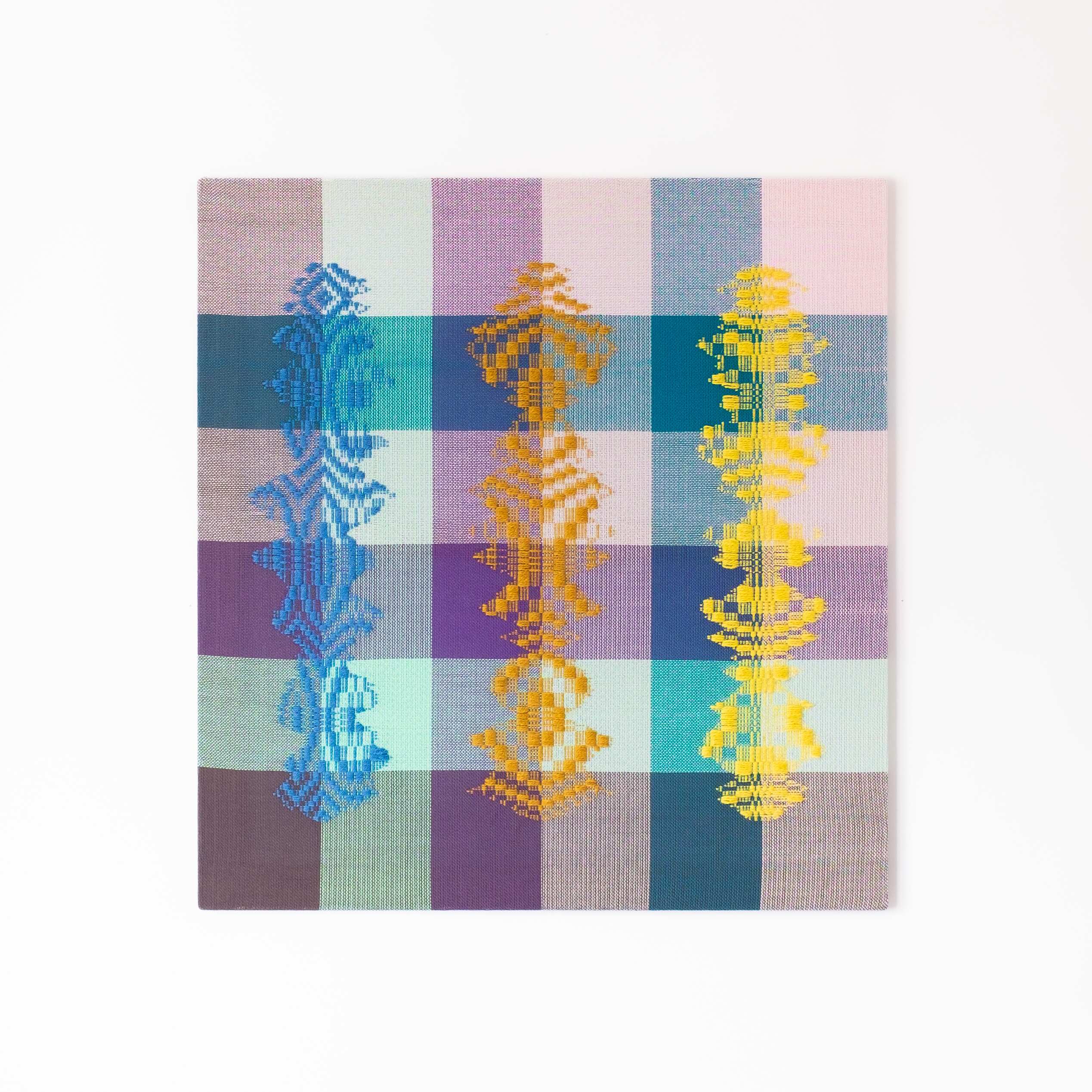 Three beings [blue-bronze-yellow on high-contrast ground], Hand-woven cotton and wool yarn, 2022