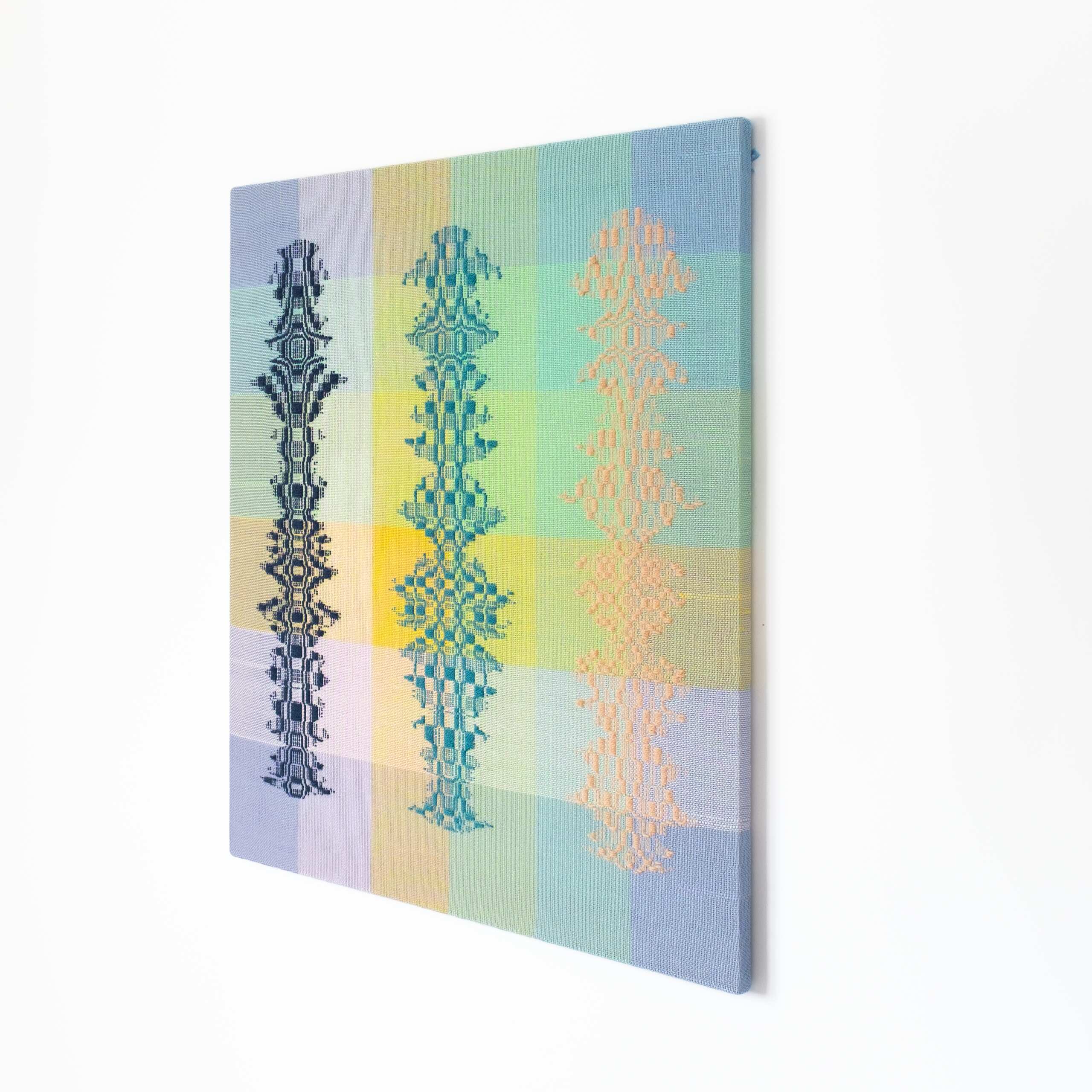 Three beings [navy-teal-peach on pastel ground], Hand-woven cotton and wool yarn, 2022