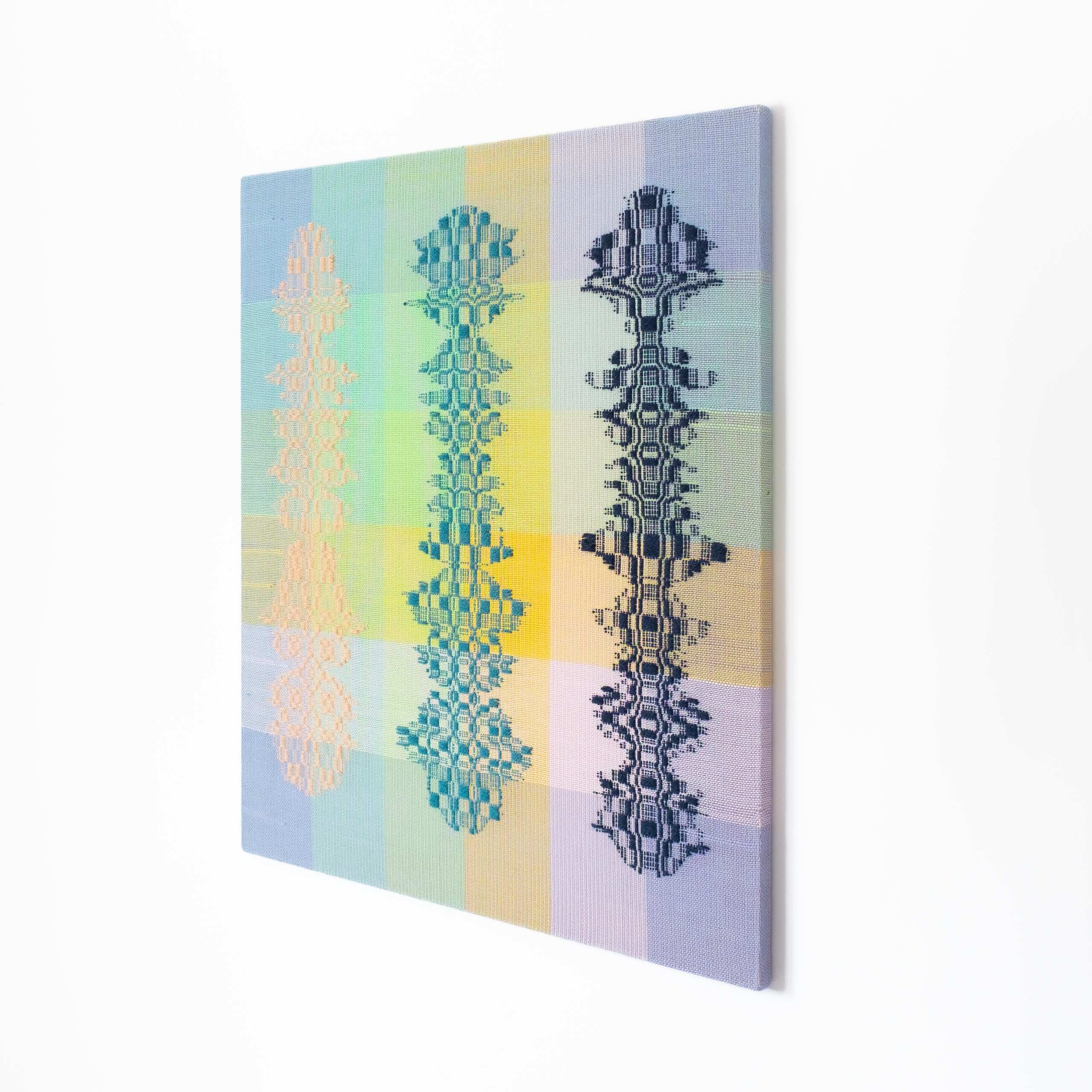 Three beings [peach-teal-navy on pastel ground], Hand-woven cotton and wool yarn, 2022