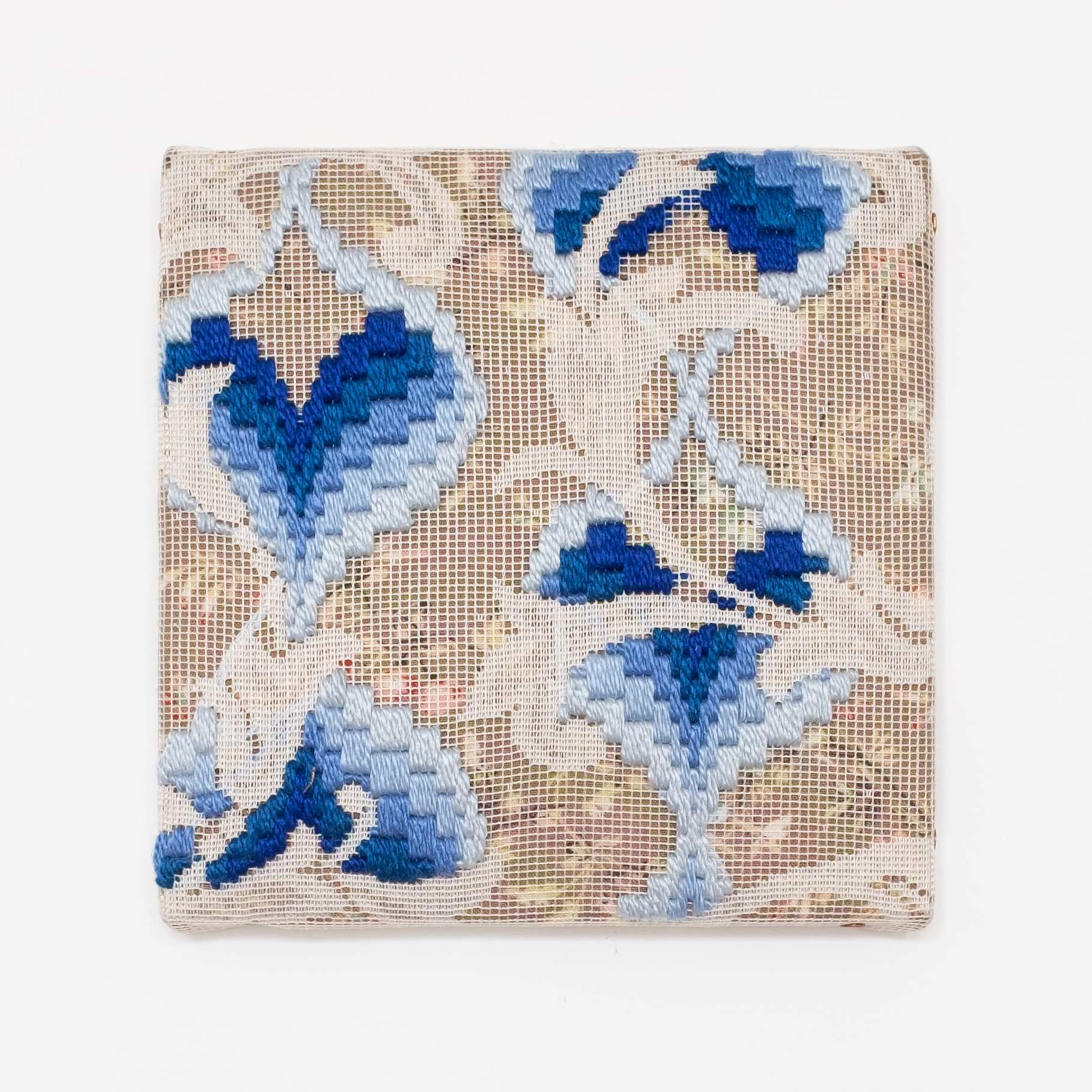Triple-layer gather-gusset [blue hearts], Hand-embroidered silk on lace over fabric, 2019