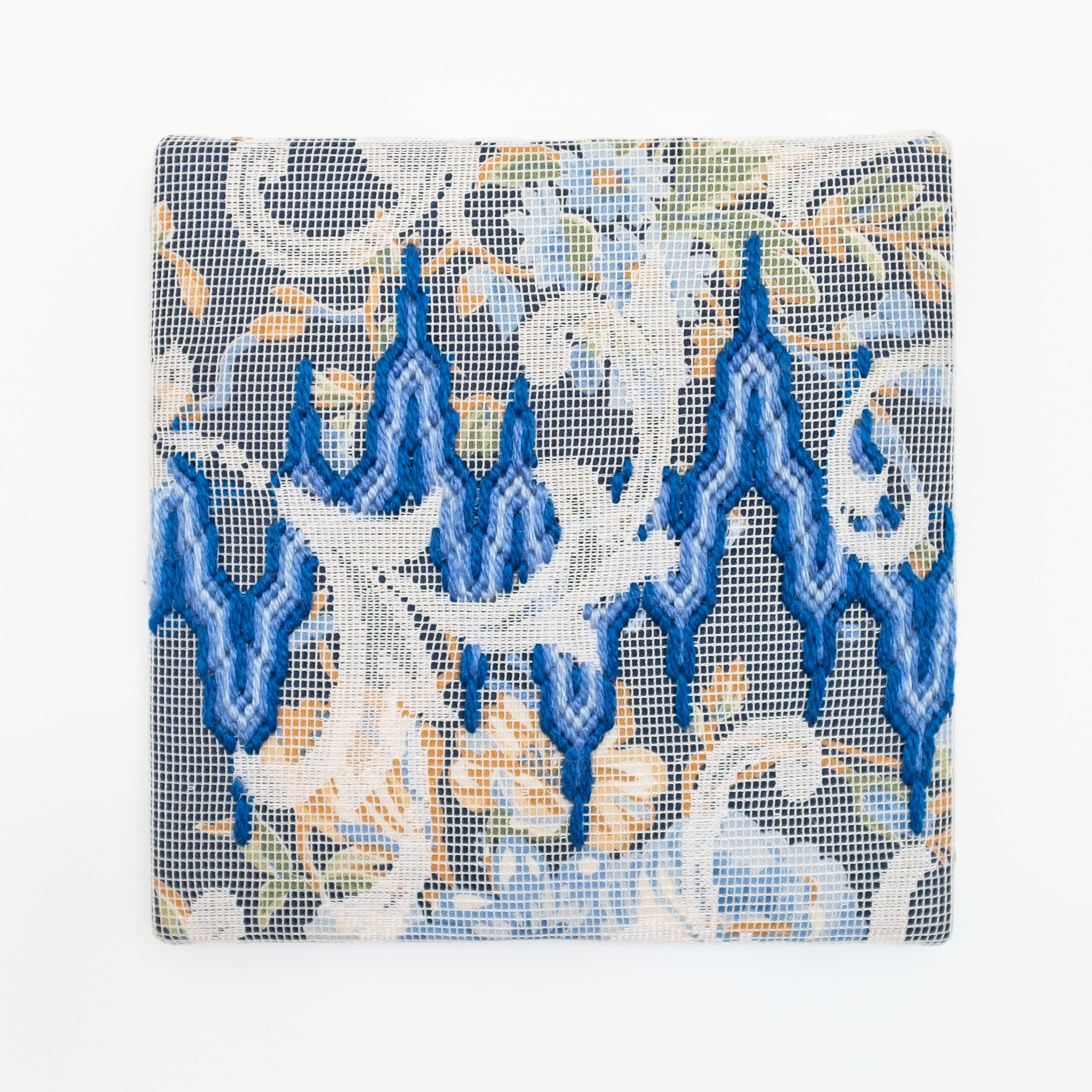Triple-layer gather-gusset [blue Jacobean spires], Hand-embroidered silk on lace over fabric, 2020