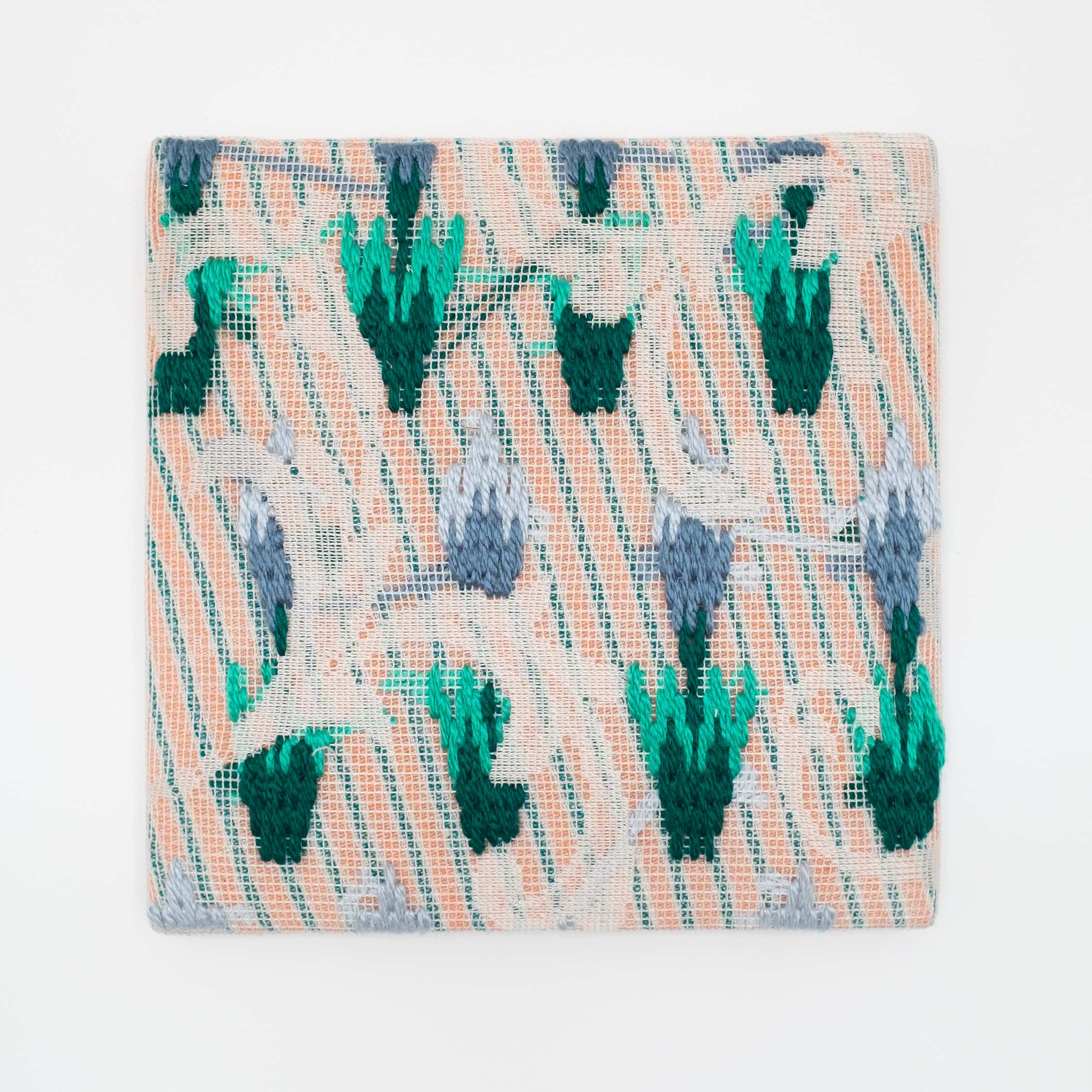 Triple-layer gather-gusset [blue tulips], Hand-embroidered silk on lace over fabric, 2019