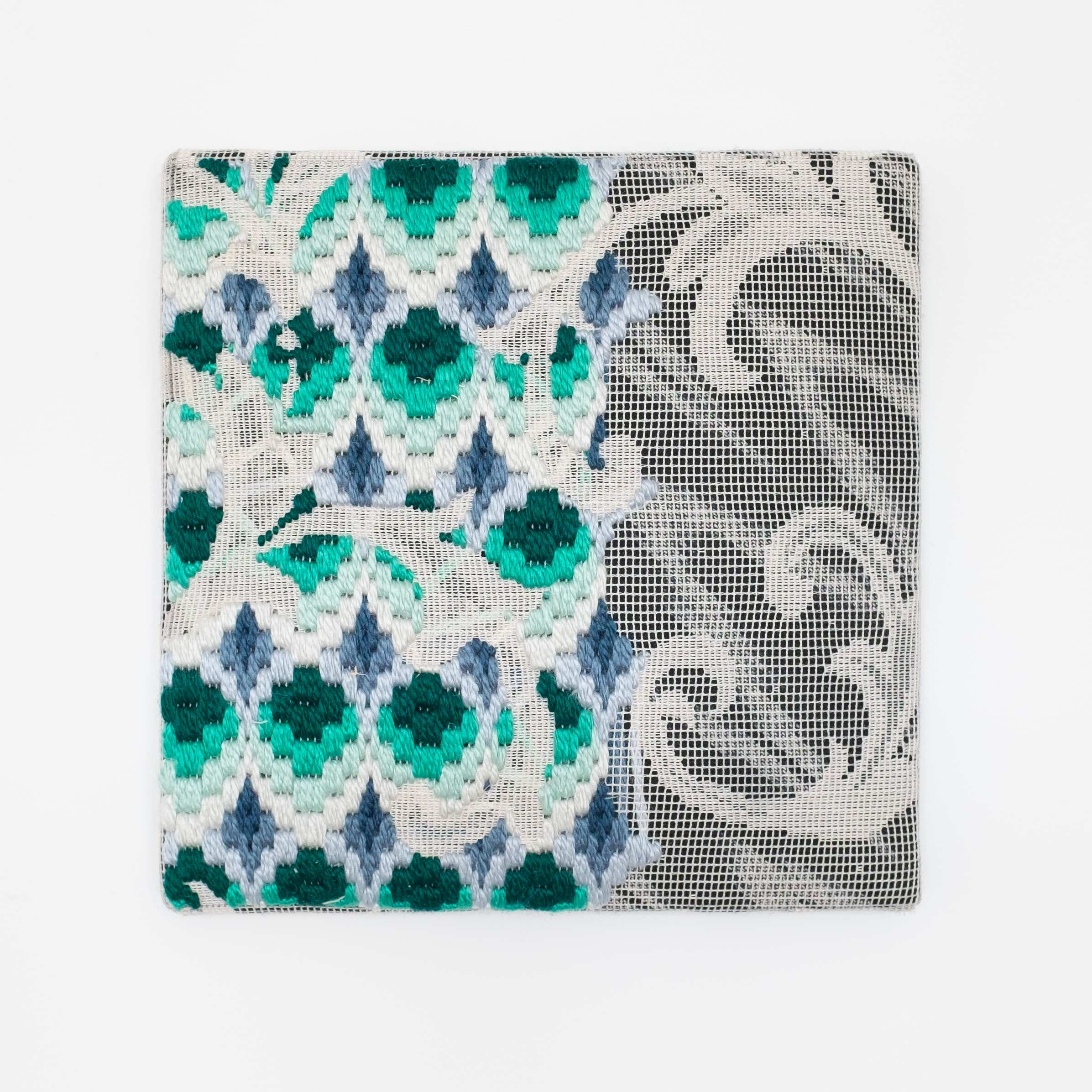 Triple-layer gather-gusset [green balls], Hand-embroidered silk on lace over fabric, 2019