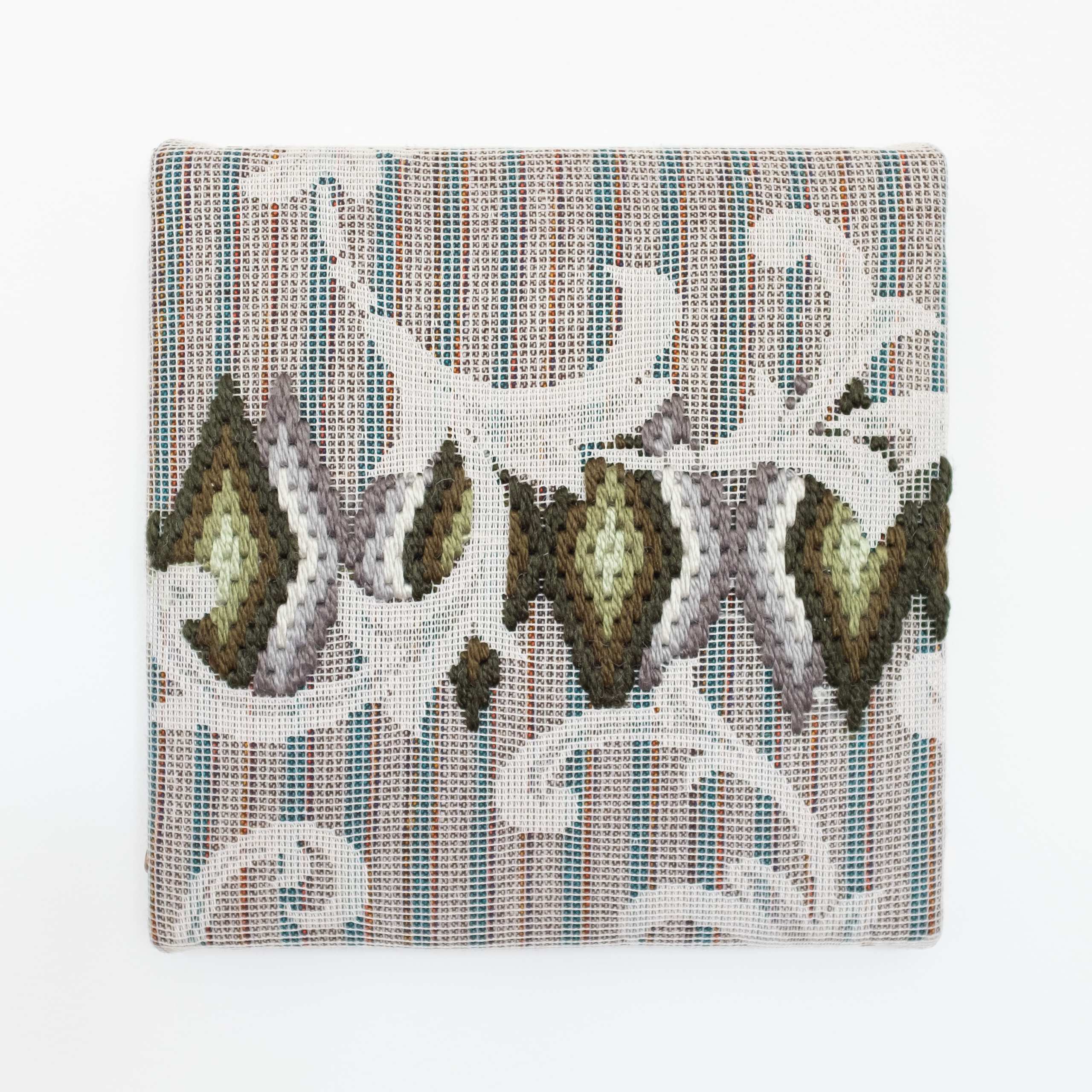 Triple-layer gather-gusset [green-grey exotica], Hand-embroidered silk on lace over fabric, 2020