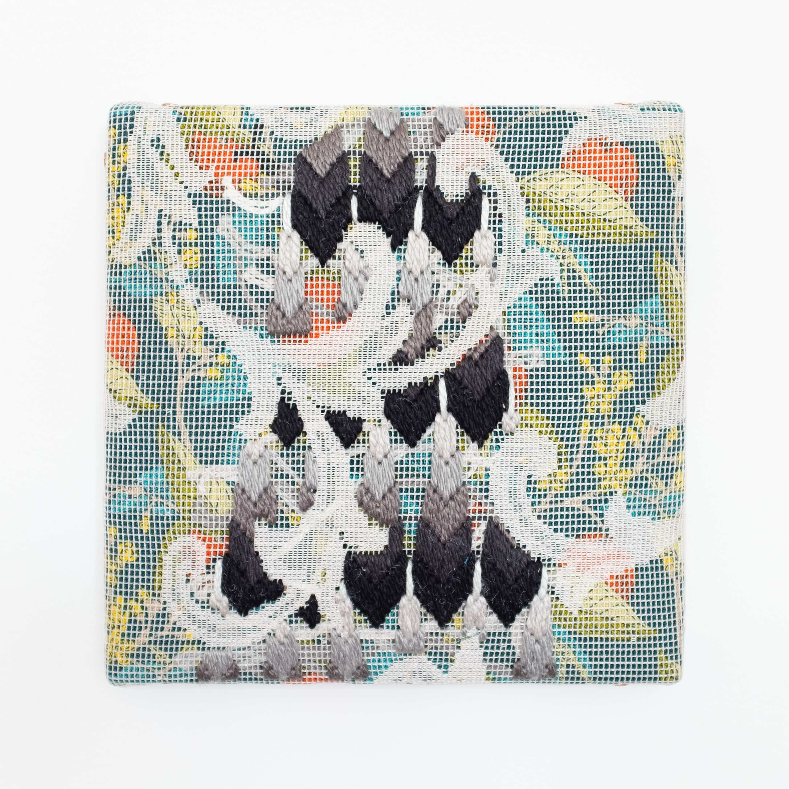 Triple-layer gather-gusset [grey trees], Hand-embroidered silk on lace over fabric, 2020
