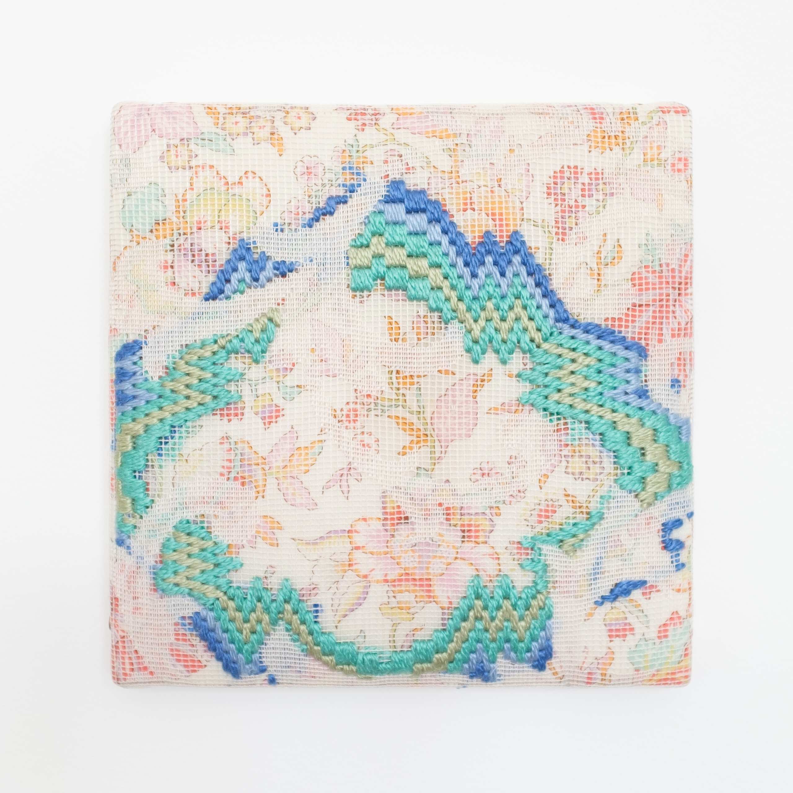 Triple-layer gather-gusset [periwinkle-teal points and arches], Hand-embroidered silk on lace over fabric, 2020