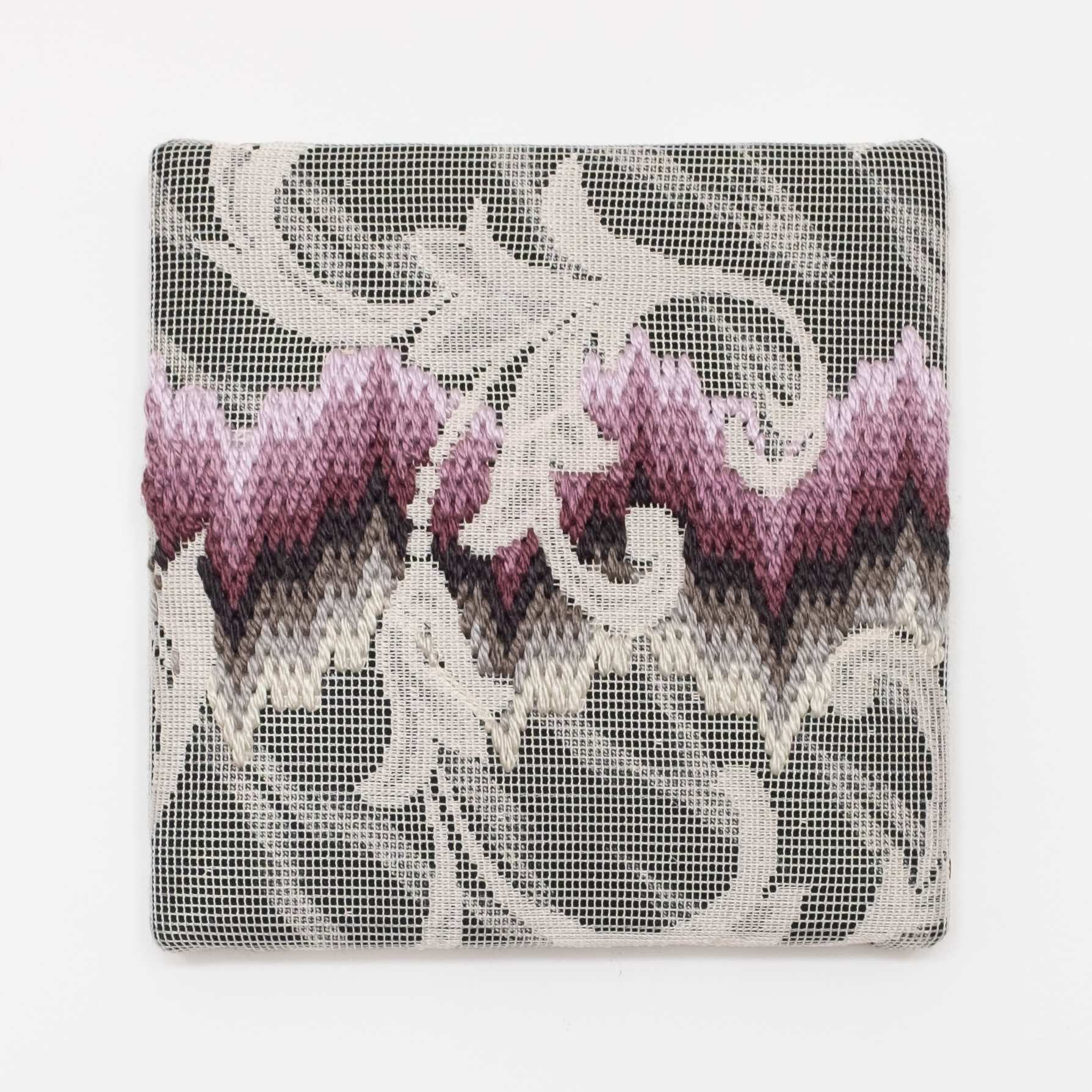 Triple-layer gather-gusset [purple-grey northern lights], Hand-embroidered silk on lace over fabric, 2019