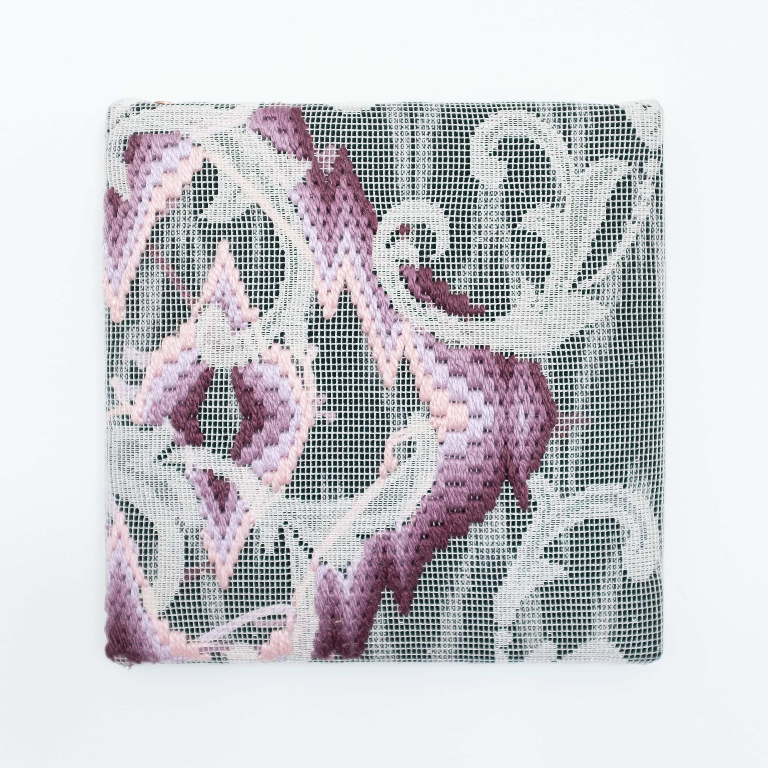 Triple-layer gather-gusset [purple-pink harmony], Hand-embroidered silk on lace over fabric, 2020