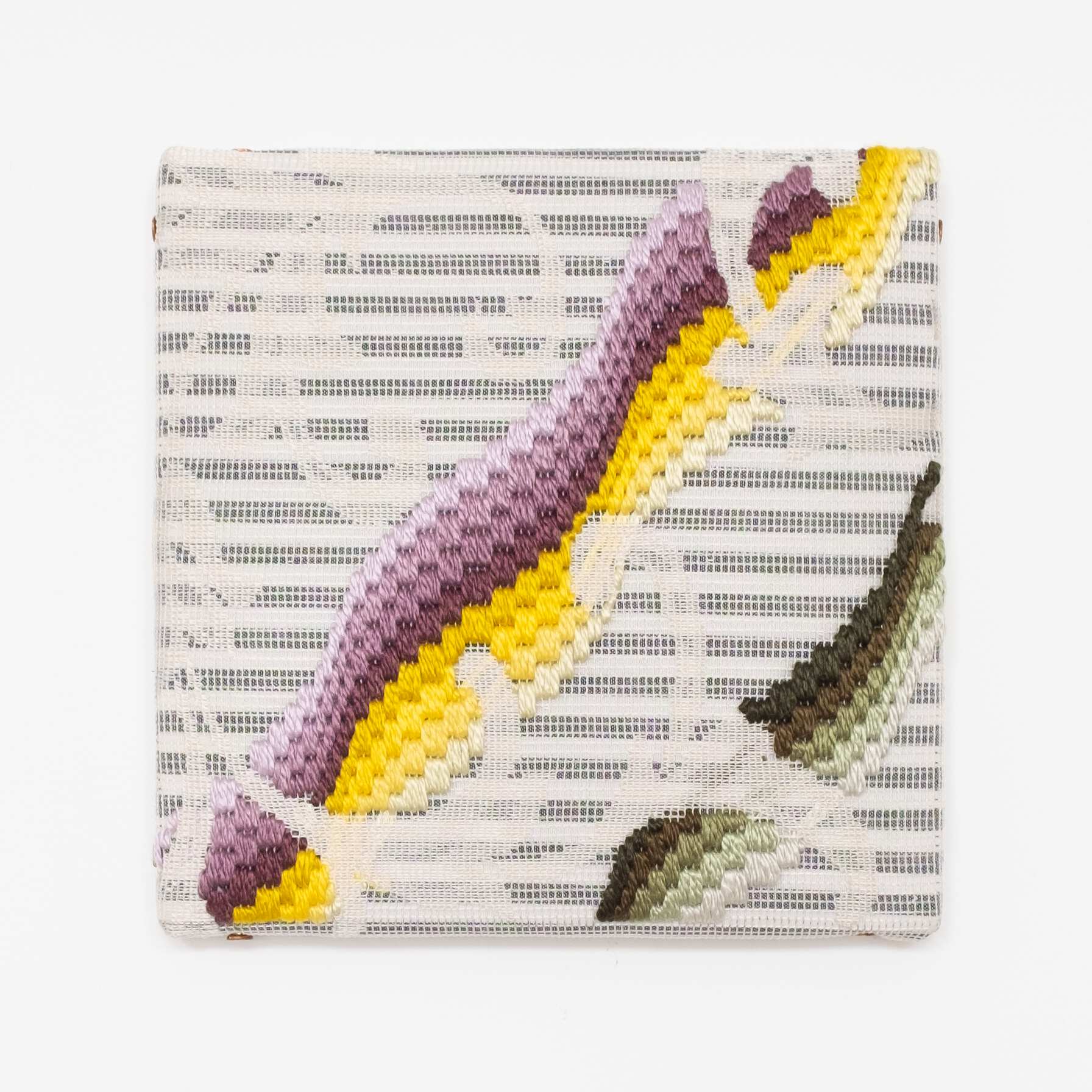 Triple-layer gather-gusset [purple-yellow-green ripples], Hand-embroidered silk on lace over fabric, 2019