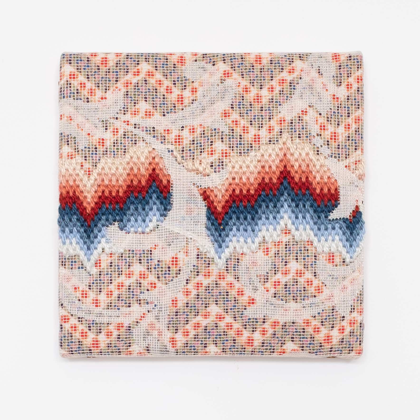 Triple-layer gather-gusset [red-blue northern lights], Hand-embroidered silk on lace over fabric, 2019