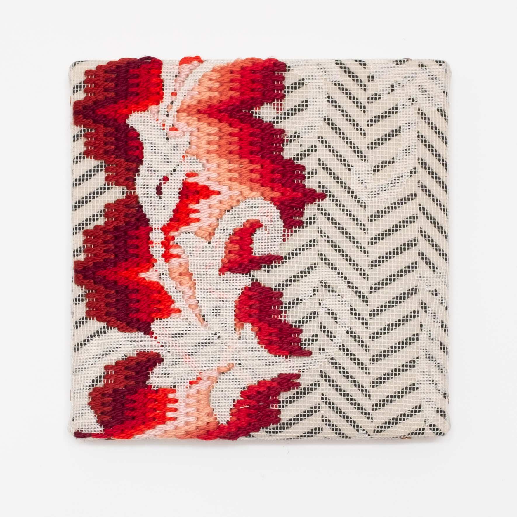 Triple-layer gather-gusset [red-red northern lights], Hand-embroidered silk on lace over fabric, 2019