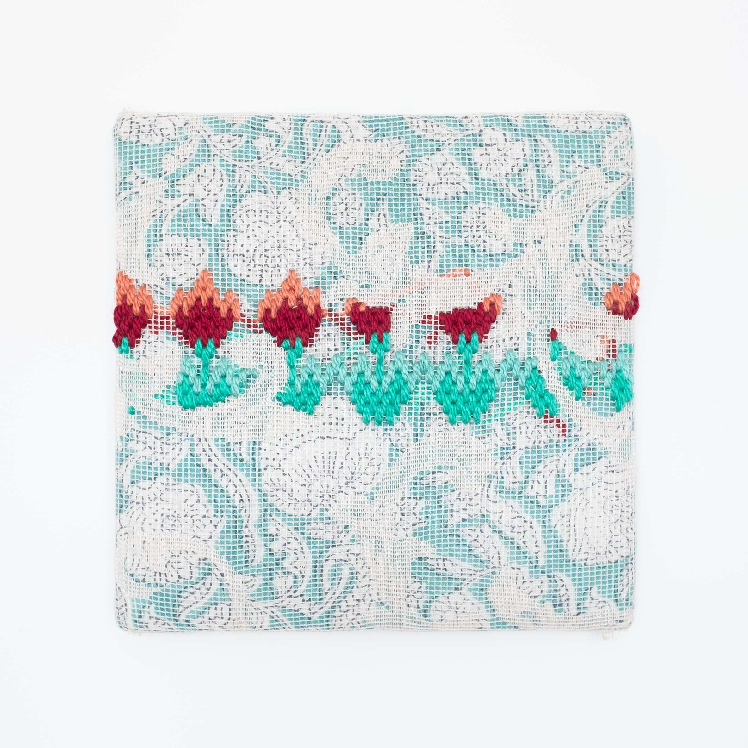 Triple-layer gather-gusset [red tulips], Hand-embroidered silk on lace over fabric, 2019