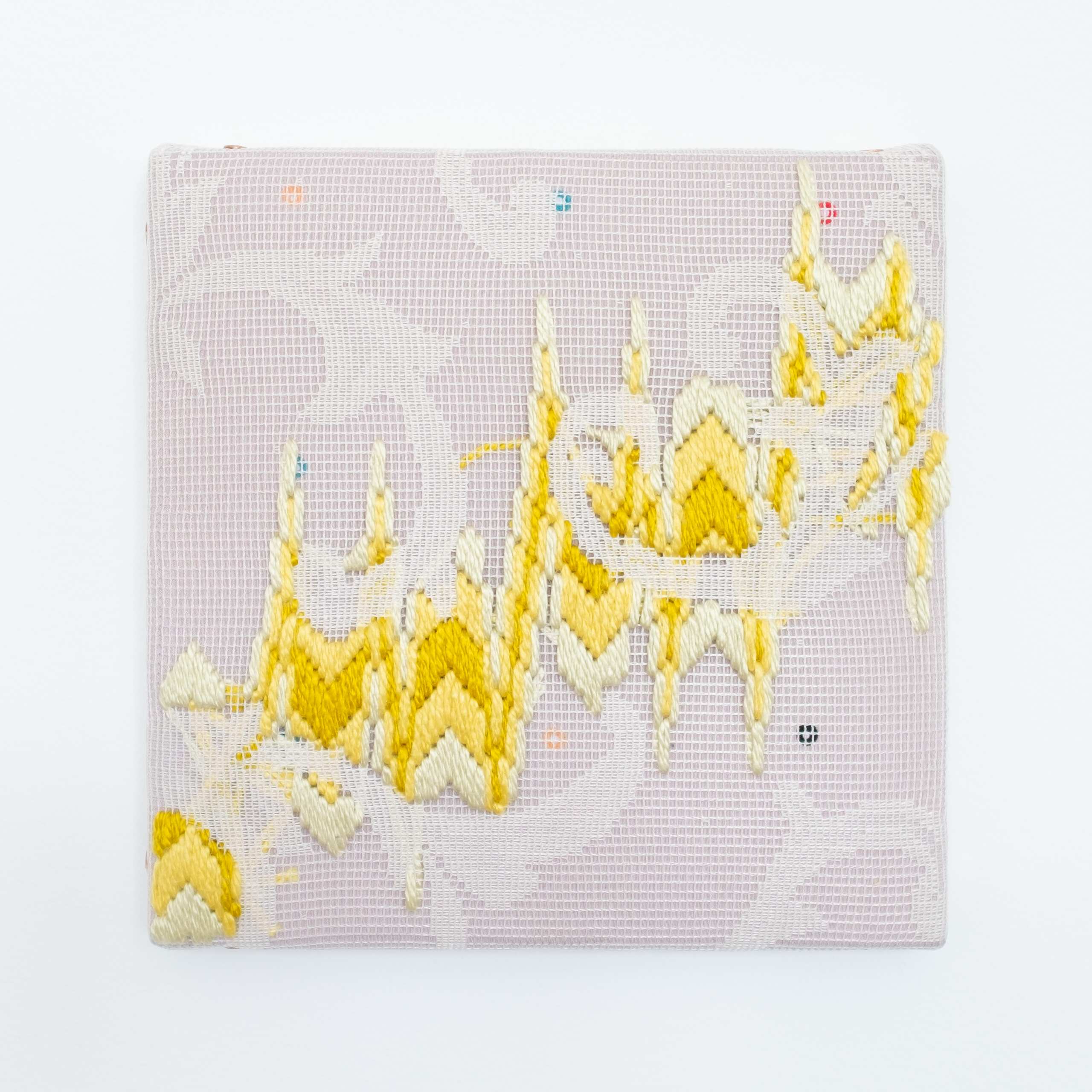 Triple-layer gather-gusset [yellow chevrons], Hand-embroidered silk on lace over fabric, 2020