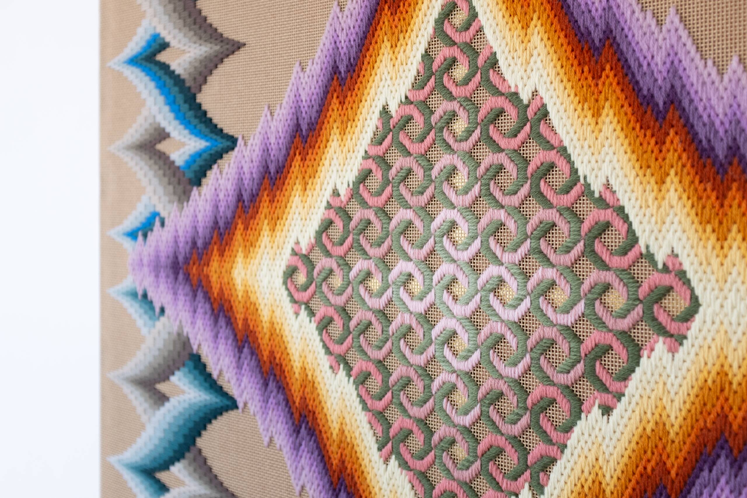 under the cloud of passing time, which flows endlessly, constantly spinning its thread, rarely golden, often leaden [purple-yellow psychic portal], Hand-embroidered wool yarn on cotton canvas over cedar panel, 24-carat gold leaf, 2024