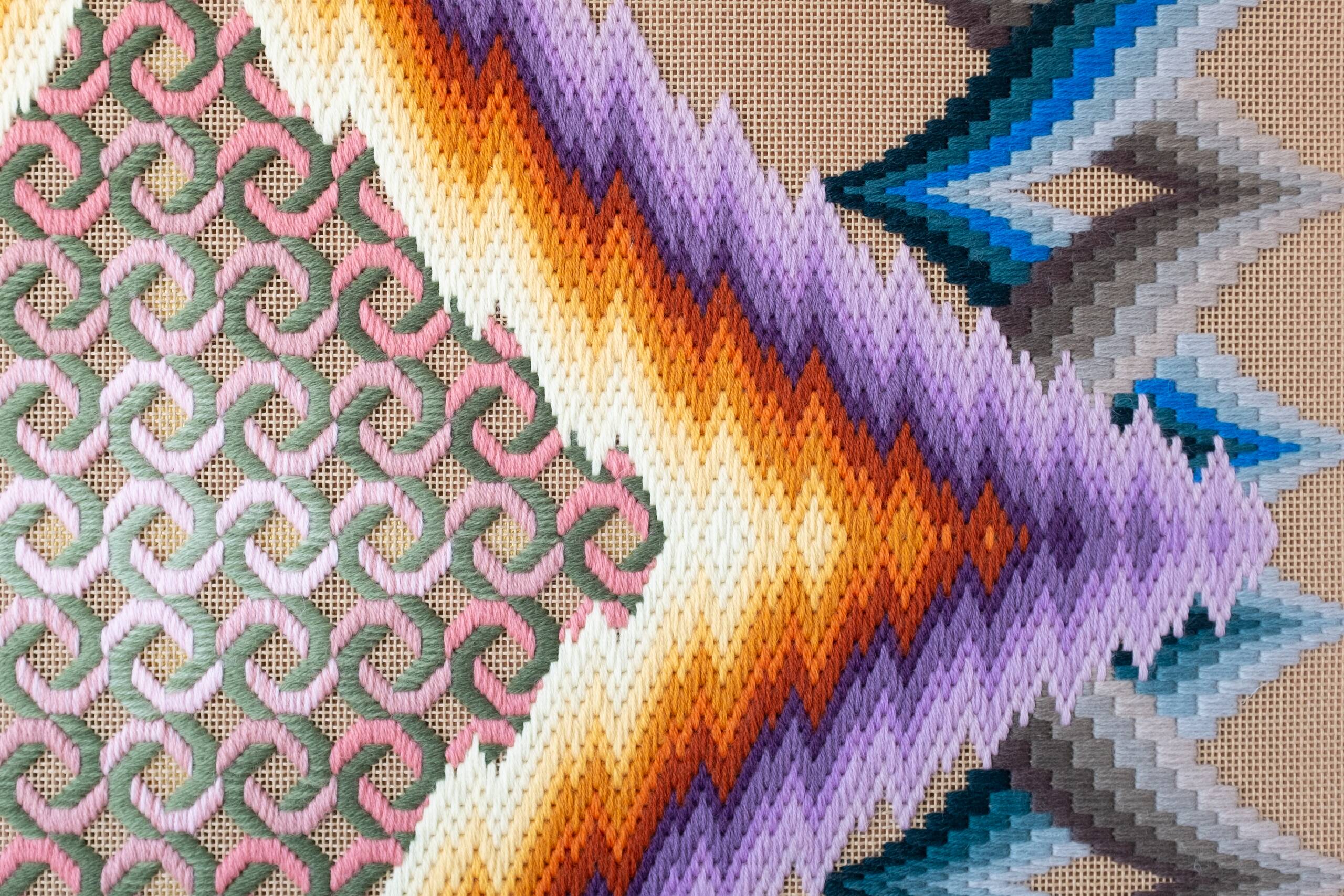 under the cloud of passing time, which flows endlessly, constantly spinning its thread, rarely golden, often leaden [purple-yellow psychic portal], Hand-embroidered wool yarn on cotton canvas over cedar panel, 24-carat gold leaf, 2024