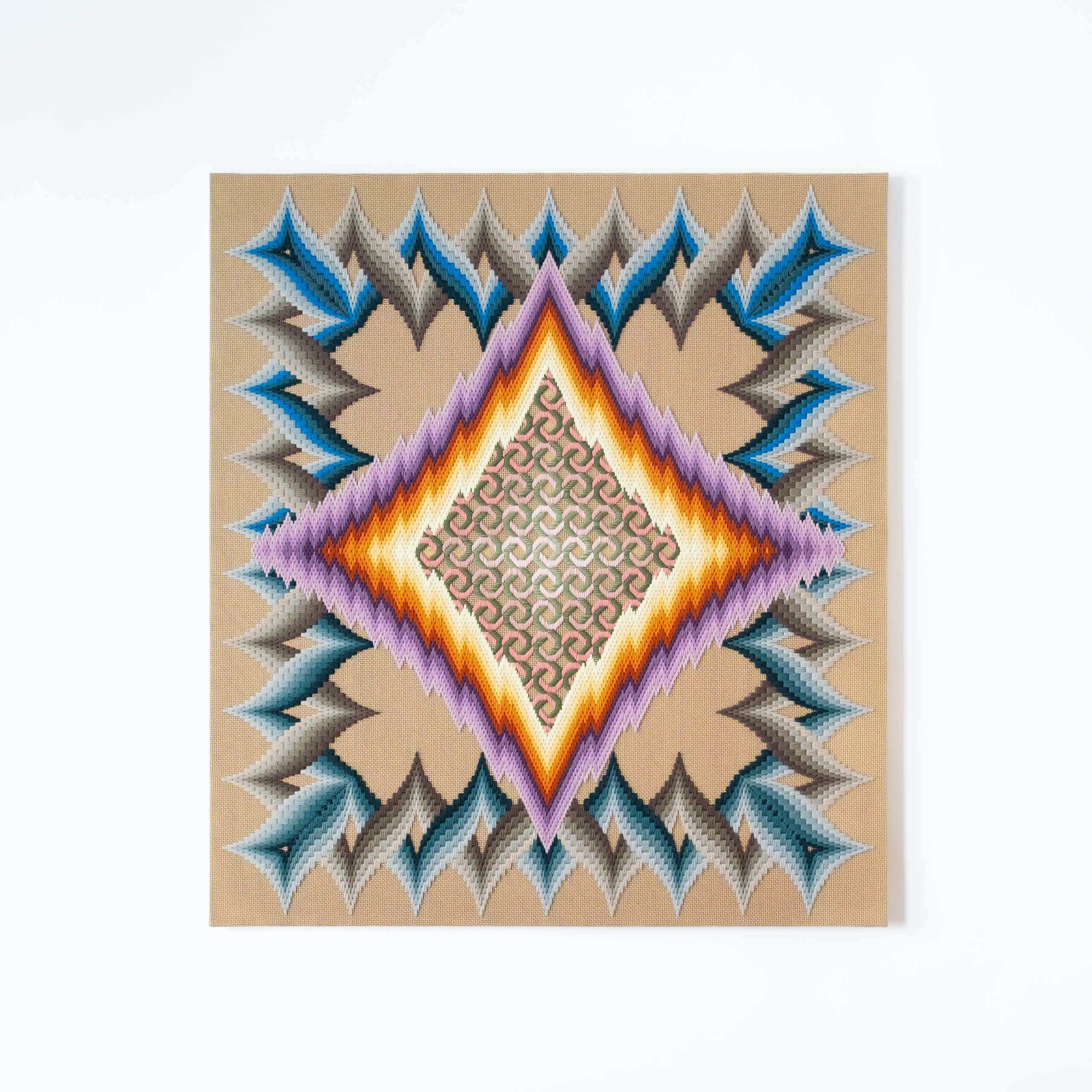 under the cloud of passing time, which flows endlessly, constantly spinning its thread, rarely golden, often leaden [purple-yellow psychic portal], Hand-embroidered wool yarn on cotton canvas over cedar panel, 24-carat gold leaf, 2024