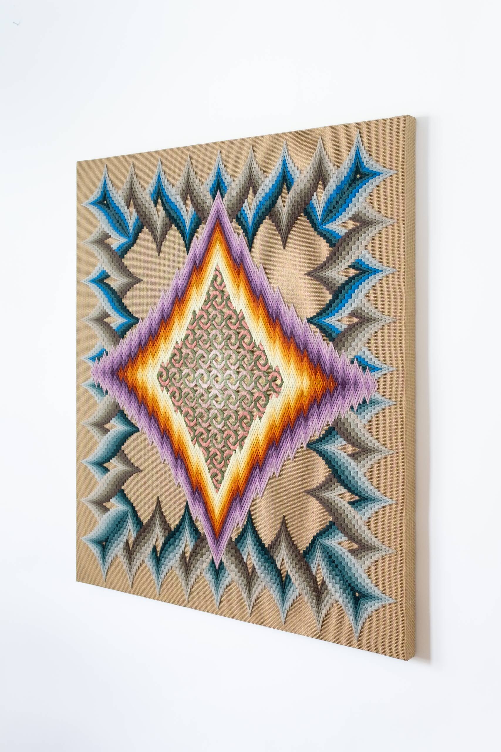under the cloud of passing time, which flows endlessly, constantly spinning its thread, rarely golden, often leaden [purple-yellow psychic portal], Hand-embroidered wool yarn on cotton canvas over cedar panel, 24-carat gold leaf, 2024