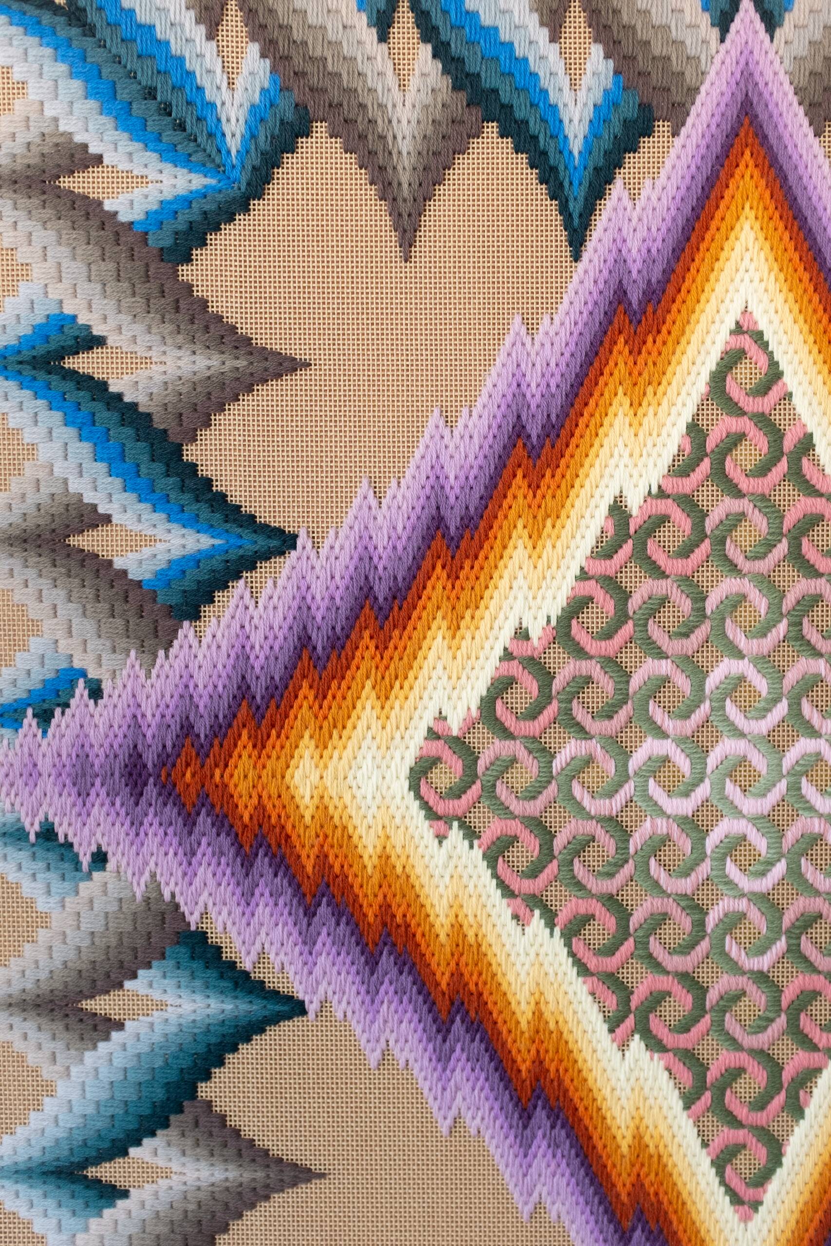under the cloud of passing time, which flows endlessly, constantly spinning its thread, rarely golden, often leaden [purple-yellow psychic portal], Hand-embroidered wool yarn on cotton canvas over cedar panel, 24-carat gold leaf, 2024