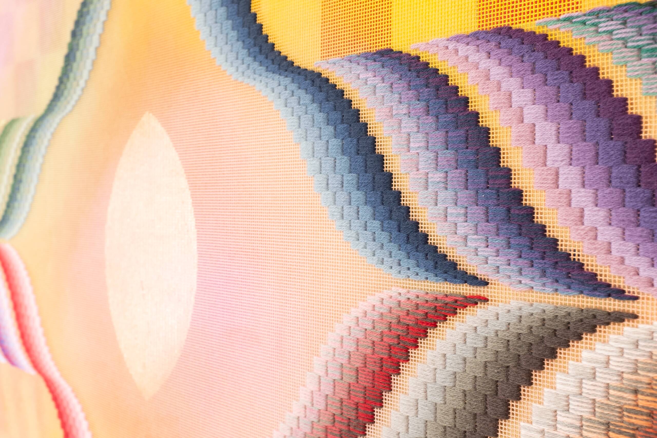 Wormhole Mosaic [sweat of the sun, tears of the moon], Hand-embroidered wool yarn and acrylic paint on canvas over painted and gilded panel, 2022