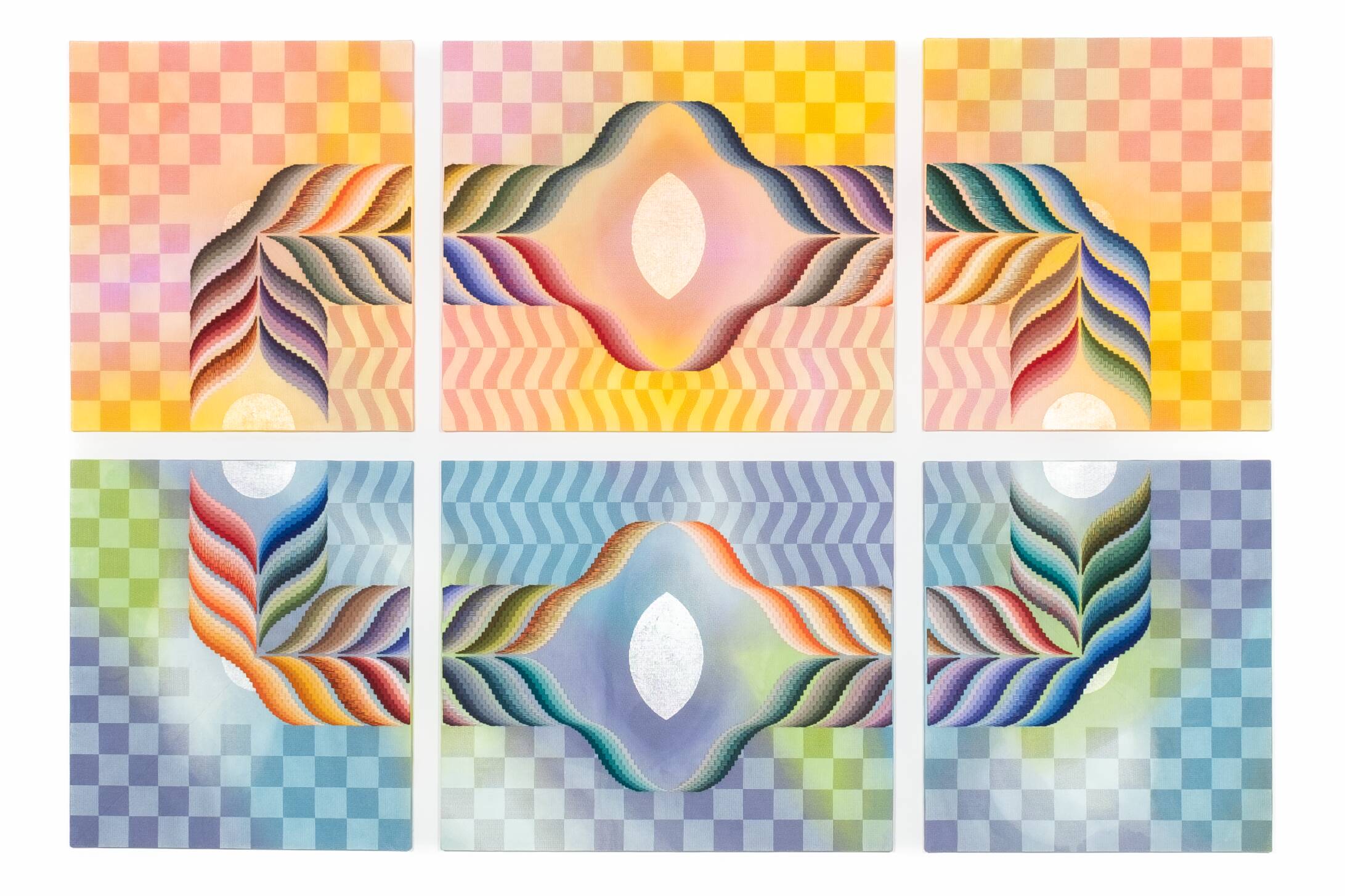 Wormhole Mosaic [sweat of the sun, tears of the moon], Hand-embroidered wool yarn and acrylic paint on canvas over painted and gilded panel, 2022